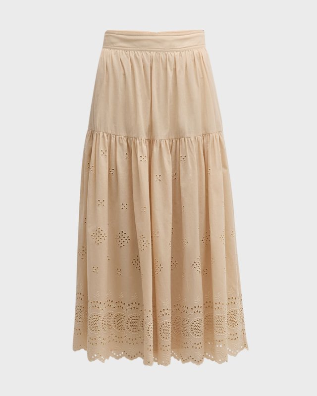 Aora Scalloped Eyelet-Embroidered Midi Skirt